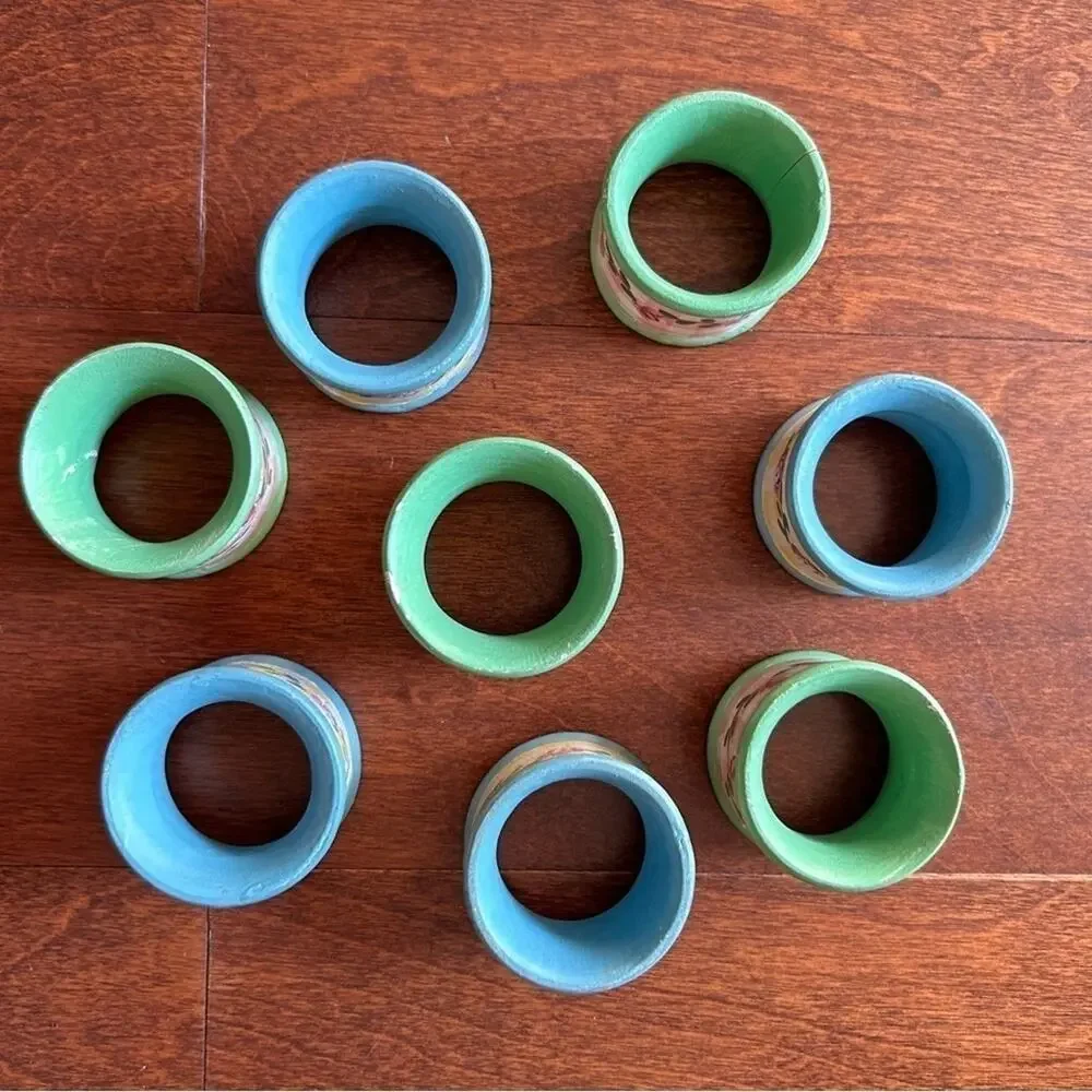 Vintage Cottagecore Hand Painted Wood Napkin Rings, Floral Paytern, Set of 8